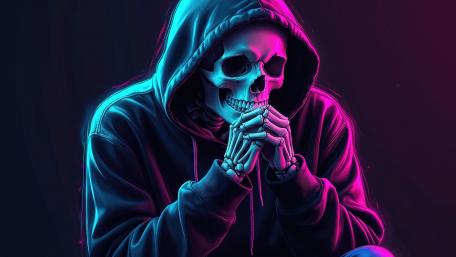 Neon Hoodie Skeleton Deep in Thought Cyberpunk Fantasy Glow wallpaper