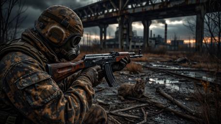 Gas Mask Infantryman Aiming in a Ruined Industrial Wasteland 4K wallpaper