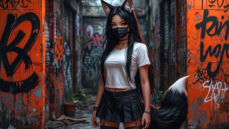 Neon Alley Kitsune With Long Hair And Fox Ears In 4K wallpaper