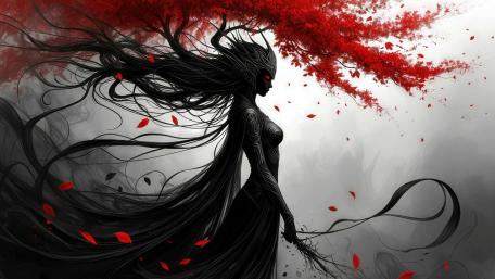 Crimson Canopy Demoness Under Gothic Winds and Falling Scarlet Leaves wallpaper