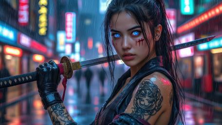 Neon Rain Ronin Samurai Girl with Electric Blue Eyes wallpaper