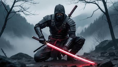 Crimson Blade Ninja in Misty Mountain Shadows wallpaper