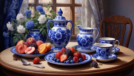 Blue Porcelain Tea Time Still Life with Fresh Berries and Fruit wallpaper