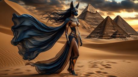 Anubis Masked Desert Goddess Before the Pyramids at Dusk wallpaper