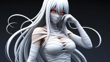 Crimson Eyed White Haired Mummy Queen Anime 4K Wallpaper wallpaper