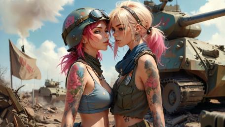 Tattooed Pink Haired Anime Sisters Stand Boldly Beside a Battle Tank wallpaper
