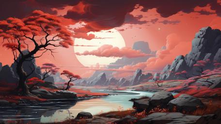 Crimson River Under a Giant Moon Anime Landscape Wallpaper wallpaper