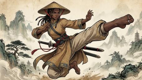 Shaolin Kung Fu Girl Soaring Through Misty Mountain Temples wallpaper
