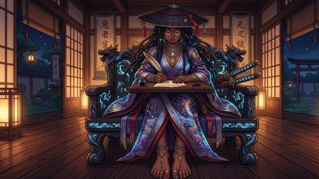 Midnight Scribe in an Enchanted Oriental Tea House wallpaper