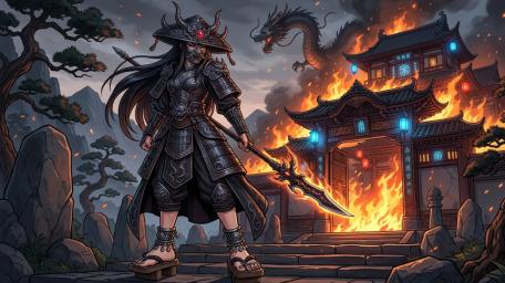 Ember Temple Duel Anime Samurai Girl and Shadow Dragon wallpaper