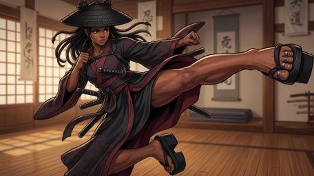 Straw Hat Shaolin Kick Anime Kung Fu Girl in Dojo wallpaper