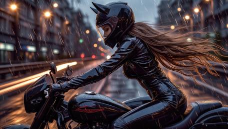 Neon Rain Rider Girl in Latex with Cat Ear Helmet wallpaper