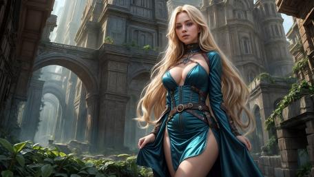 Blonde Enchantress in Ancient Sky City Ruins Fantasy Wallpaper wallpaper