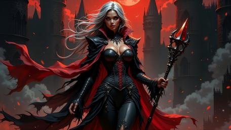 Silver Haired Dark Sorceress Above Crimson Skies wallpaper