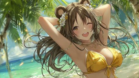 Sunlit Tropical Waifu in Golden Bikini by the Crystal Shore wallpaper