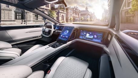 HiPhi Luxury Electric SUV Interior With Panoramic City Sunrise View wallpaper