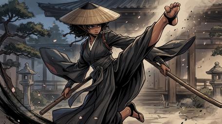 Kicking Storm Samurai Girl in Quiet Temple Courtyard wallpaper