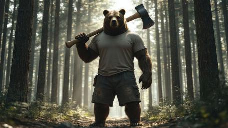 Axe Bearing Guardian Bear in a Sunlit Fantasy Forest wallpaper
