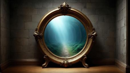 Gilded Mirror Portal to a Misty Forest Pathway wallpaper