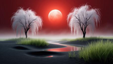 Crimson Moon Over Misty Willow Dunes Fantasy Landscape 4K wallpaper