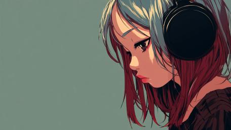 Melancholy Lo Fi Anime Girl in Headphones Lost in Quiet Thoughts wallpaper