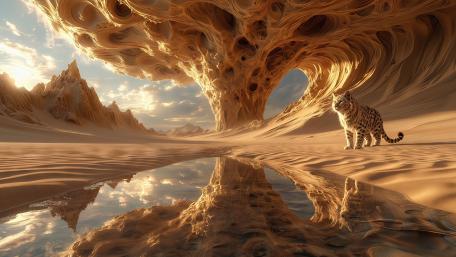 Mirrored Desert Sanctuary Beneath a Celestial Sand Arch wallpaper