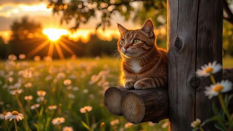 Golden Hour Ginger Cat in a Wildflower Meadow 4K AI Art wallpaper