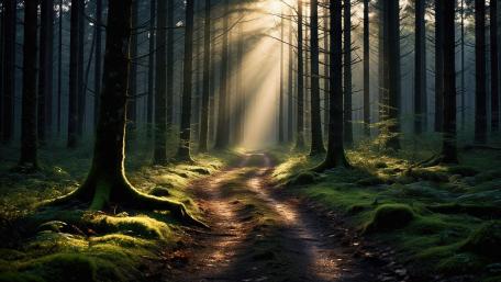 Sunlit Woodland Path Through Quiet Pines wallpaper