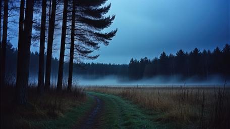 Midnight Mist Over Silent Forest Pathway wallpaper