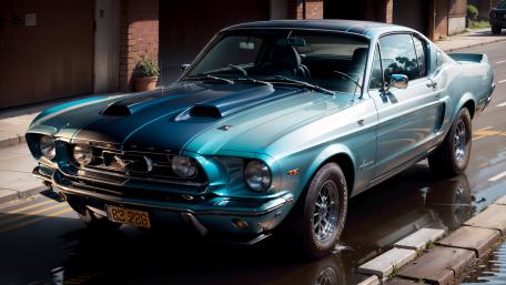 Classic Ford Mustang in Teal Shine on a Quiet City Street wallpaper