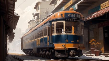 Snowy Old Town Tram in Cinematic Anime 4K wallpaper