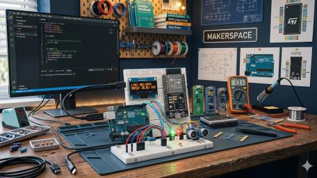 Microcontroller Makerspace Workbench with Arduino Prototyping and Embedded Code in Action wallpaper