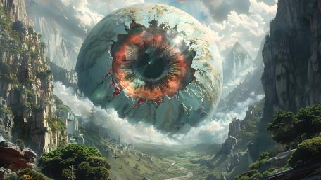 Awakened Planet Eye Over a Lost Valley of Clouds and Cliffs wallpaper