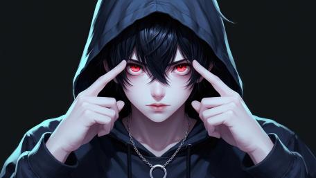 Crimson Gaze Hoodie Boy in Shadowed Neon Anime Style 4K wallpaper
