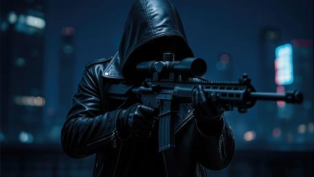 Faceless Hooded Sniper in Neon Night City 4K Military Wallpaper wallpaper