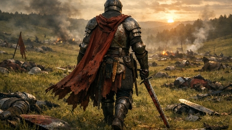 Lone Armored Knight Walking Through a Smoke Filled Battlefield at Sunset wallpaper