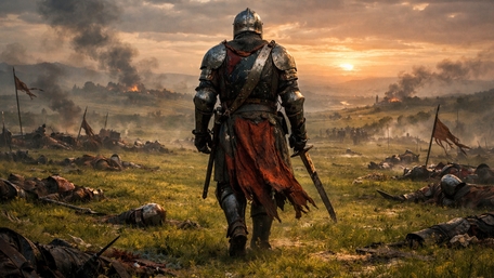 Lone Armored Knight Walking Through a Smoldering Battlefield at Dusk wallpaper