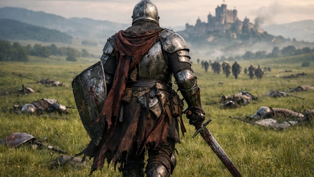 Lone Armored Knight Walking Through a Silent Post Battle Field wallpaper