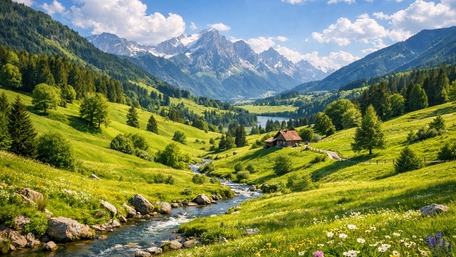 Sunlit Alpine Valley Stream Beside a Quiet Mountain Hut wallpaper