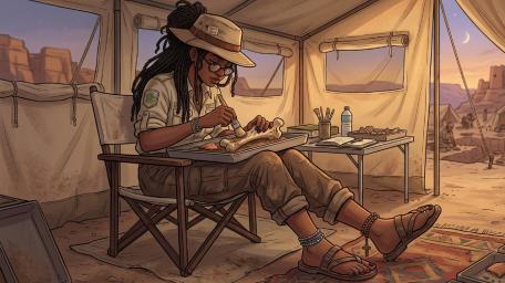 Desert Digs at Dusk Anime Archaeologist in Quiet Field Tent wallpaper