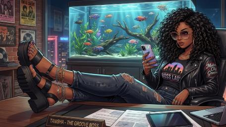 Neon Groove Boss Lady Relaxing in Her Anime Office wallpaper