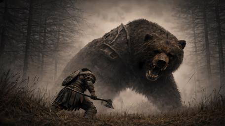 Warrior Faces the Colossal Bear in a Mistbound Forest Duel wallpaper