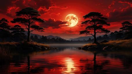Crimson Supermoon Over Silent River Valley wallpaper