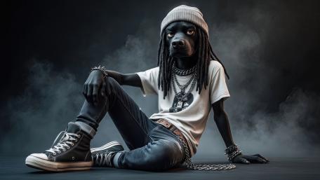 Streetwise Black Dog Rocking Dreadlocks and Ripped Jeans wallpaper