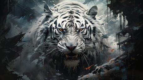 Frostfang White Tiger Emerging From Shadowed Stormscape wallpaper