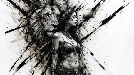 Monochrome Lion Spirit Guardian and Enchanted Warrior Muse wallpaper