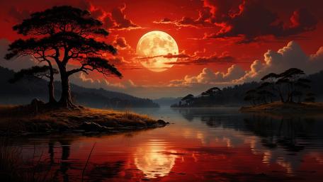 Crimson Supermoon Over Silent Lake of Shadows and Fire wallpaper