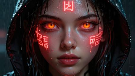 Ember Gaze Spellcaster in Night Rain Neon Arcane Portrait wallpaper