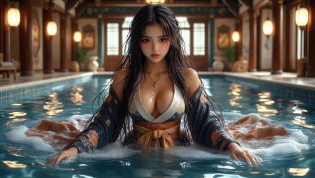 Enchanted Bathhouse Pool Siren in Lantern Lit Serenity wallpaper