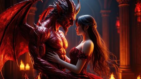 Crimson Devil’s Embrace In a Candlelit Fantasy Cathedral wallpaper